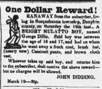 1842 Dauphin County advertisement for runaway slave George Dillin.